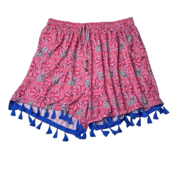 Simply Southern Pink Blue Seashell Print Shorts BlueFringe Hem. Woman's Sz L/XL - Picture 1 of 7